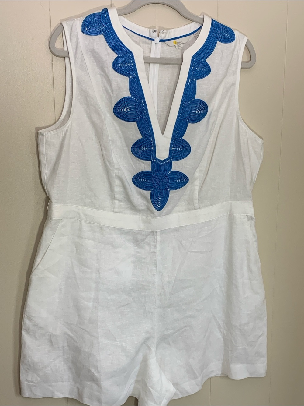 Boden White Top with Bright Blue Trim